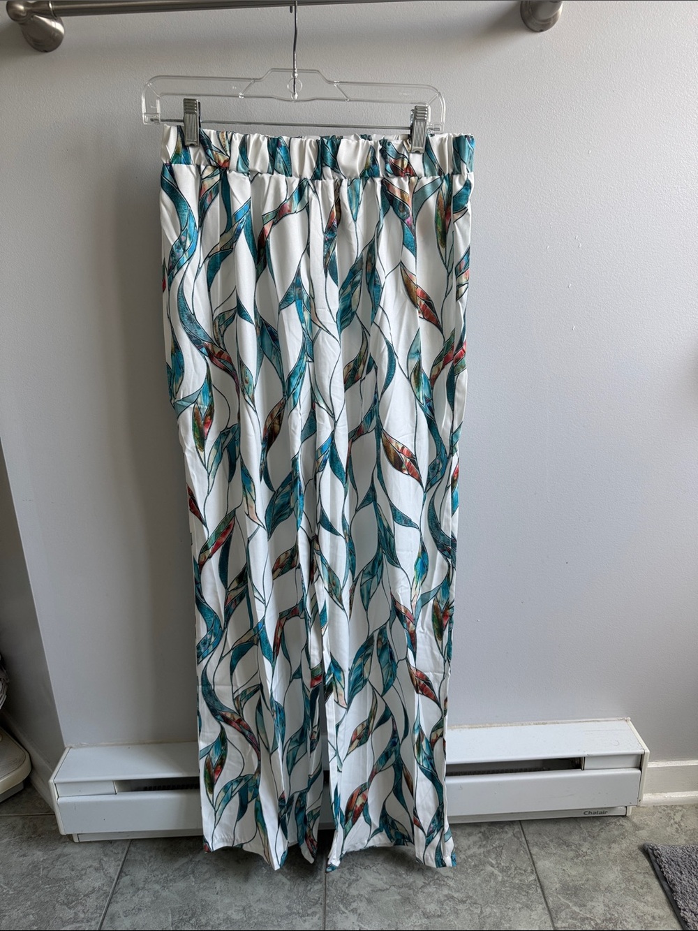 White Pants with Teal & Rust Leaf Print